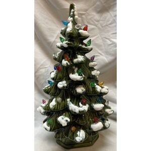 Vintage Christmas Ceramic Atlantic Mold Snow Capped Tree 13 in with Base Lights